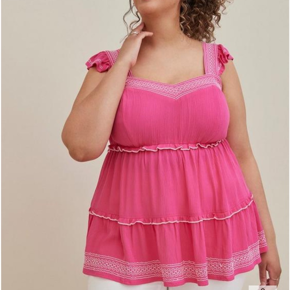 Babydoll Crinkle Gauze Embroidered Tiered Top